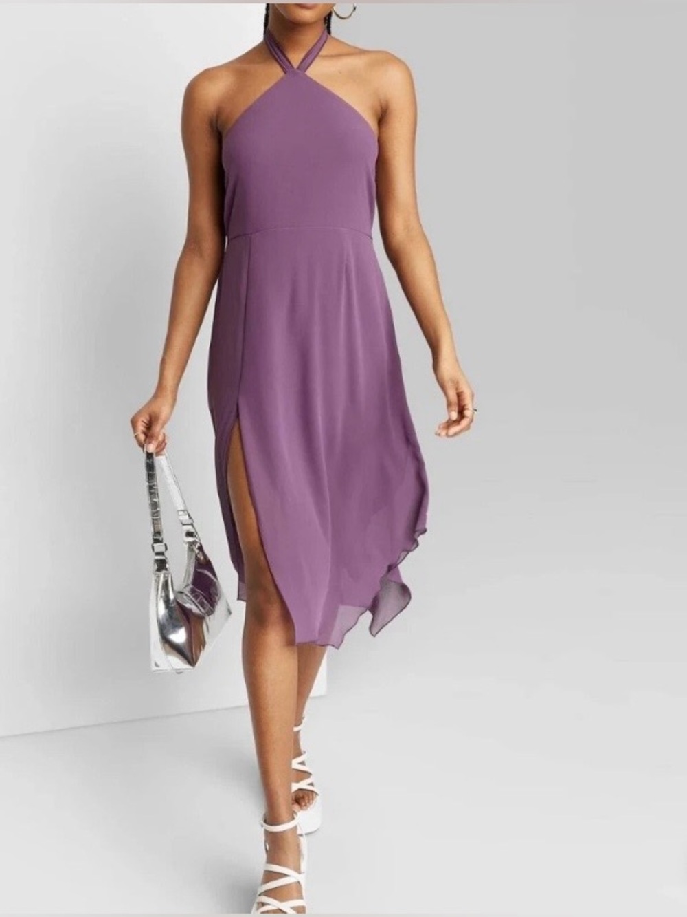 Beautiful Purple Chiffon Cross-Neck Midi Dress